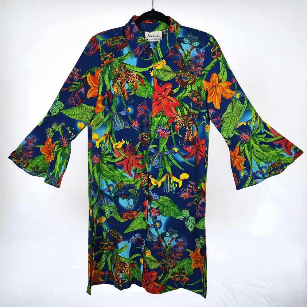 Linea by Louis Dell'Olio Shirt Dress Women XS Tropical Floral Print Button Front